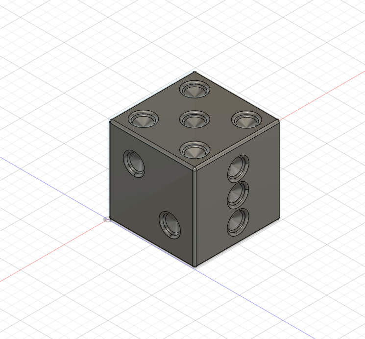 A 3d Model of a die made in Fusion 360. The die is silverish grey, and exists overlayed on a measurement grid. The sides 5, 2, and 3 are visible.