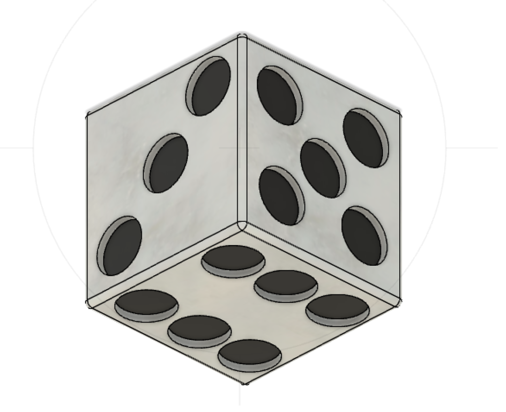 A six-sided die from a bottom view, viewing six dost (on the bottom), and three and five dots (on the left and right respectively) .