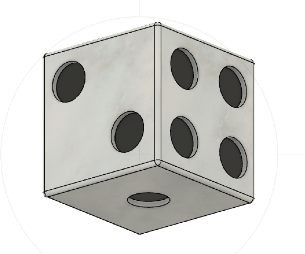 A six-sided die from a bottom view, viewing one dot (on the bottom), and two and four dots (on the left and right respectively) .