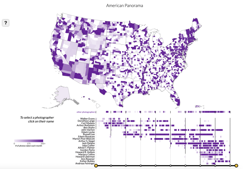 An interactive map of the United States with each location a varied shade of purple depending on the amount of photographs of that location. Below the map is a graph of photographers versus the amount of photos they took each month.