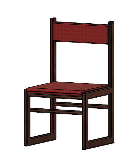3D model of a chair with a wooden frame and a maroon cushion at front view.