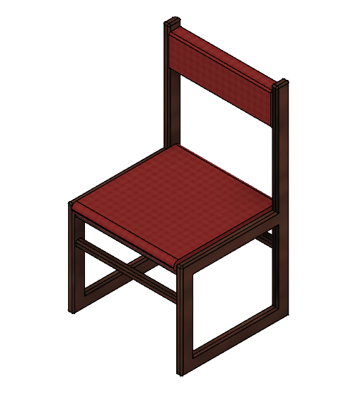 3D model of a chair with a wooden frame and a maroon cushion at 3/4ths front view.
