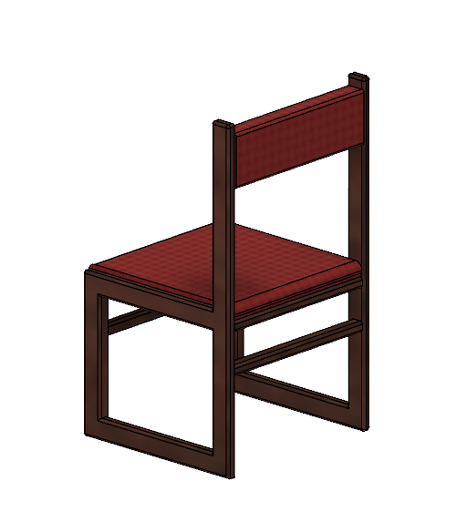 3D model of a chair with a wooden frame and a maroon cushion at back view.