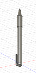 A Lower poly pen being looked down upon from above it, that is shaded dark gray. Below the pen is a grid with the vertical line being blue and the horizontal line being red. 