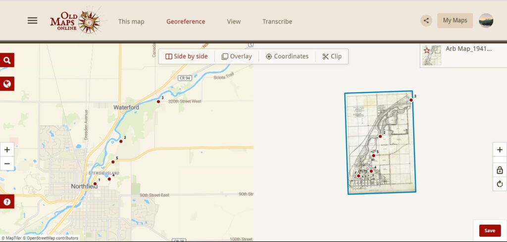 This image shows the result of georeferencing before I overlayed the two maps. There are dots on both maps that have the same labels. These dots represent points on the maps that are the same.